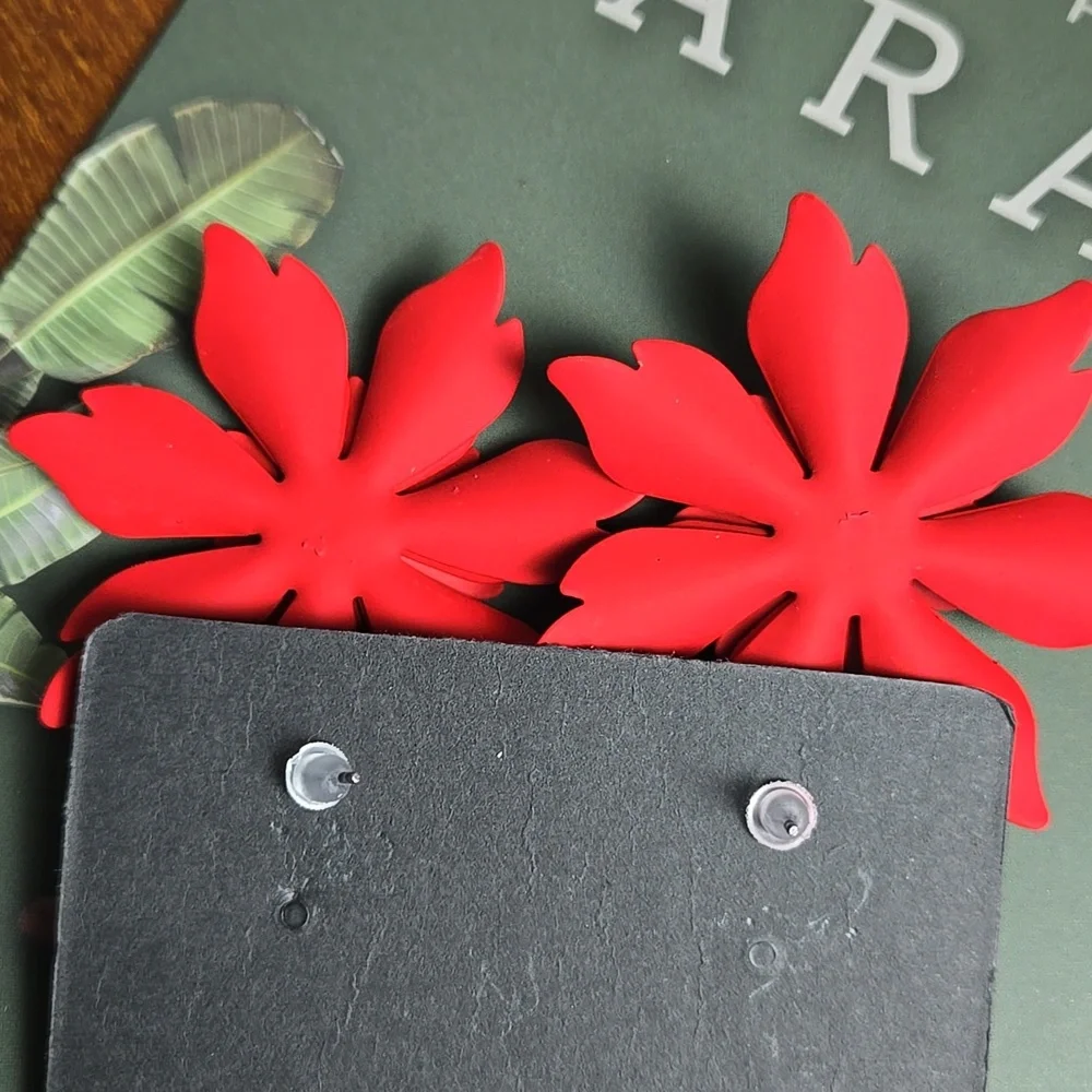 Red Floral Earrings Metal Flower Earrings